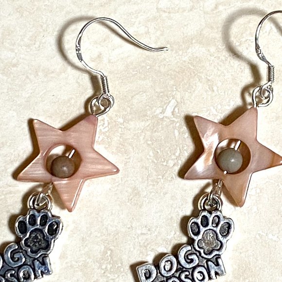 2/$20, Pink Mother of Pearl Star + Dog Person Paw Print Dangle Earrings - Picture 4 of 10
